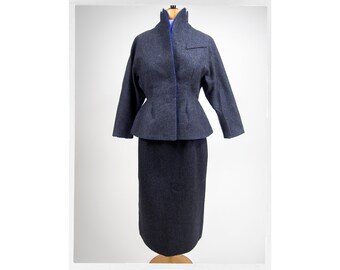 Costume rétro des années 90, costume pré-aimé, combinaison de style exagéré des années 40, costume en laine structurée, veste structurée faite à la main et ensemble de jupe, Costume de déclaration