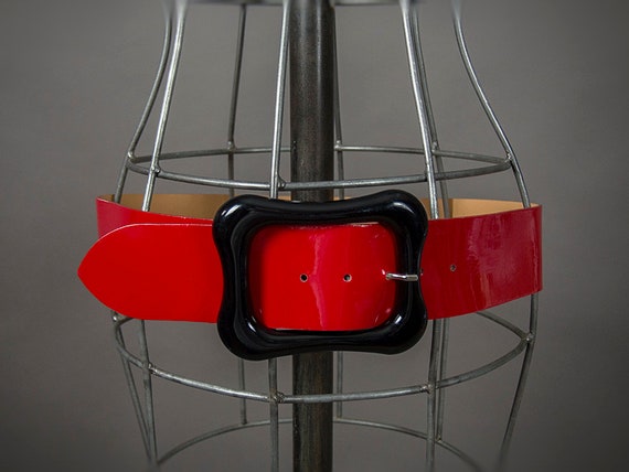 Retro 80s Belt,Bright Red Patented Leather Designe