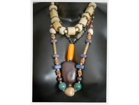 Vintage 90s Tribal Necklaces, Handmade Oversized S