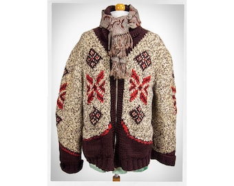 Mary Maxim Zip Cardigan — 60s Hand-Knit Wool, Fair Isle Pattern, M