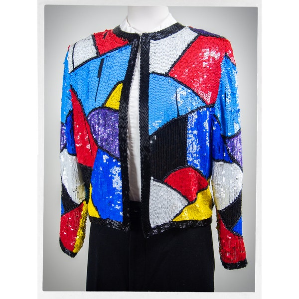 Retro 80s Sequin Jacket, Abstract Jacket, Sequin Silk Top, New Wave Jacket, Vintage Fashion, Exotic Fashion, Boho Chic Fashion, MOD Fashion