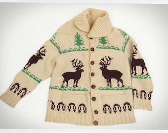 Mary Maxim Moose Sweater — 60s Hand-Knit Wool Jumper, Leather Buttons