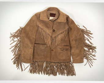 May include: A brown suede jacket with fringe detailing on the sleeves, collar, and hem. The jacket has two pockets and a button closure.