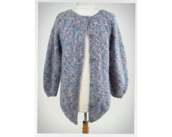 Gilet en mohair tricoté à la main — Rose et bleu chinés, pull raglan confortable