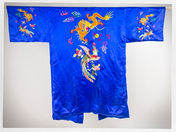 Vintage Silk Kimono, Silk Embroidered Gown, Silk K