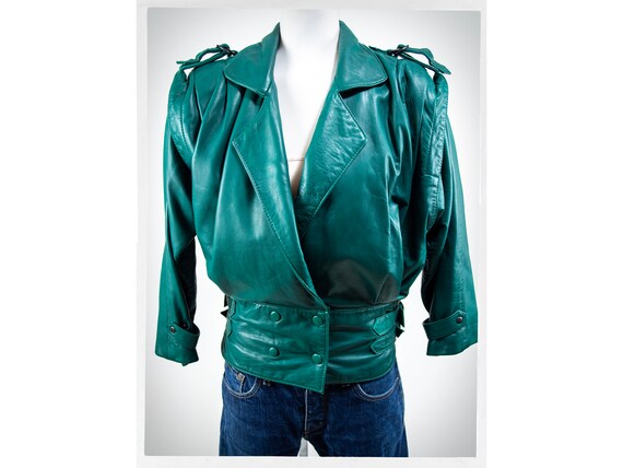 Retro 80s Leather Jacket, Vintage Fashion, 90s Emerald Green 
