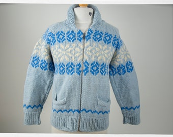 Mary Maxim Snowflake Sweater — 70s Hand-Knit Wool Zip Cardigan, Canada, Unisex size Small