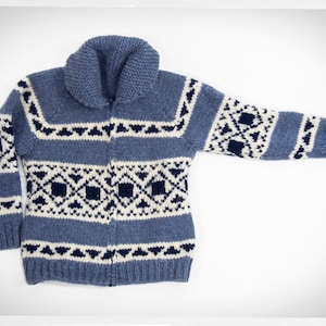 Hand Knit Wool Sweater, Cowichan Sweater, Street Fashion, Blue Wool Cardigan, Boho Fashion, Salish Wool Jumper, Hand Knit Cowichan Cardigan