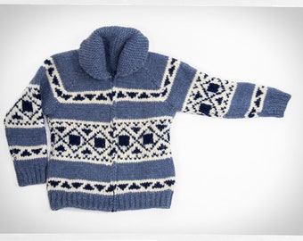 Hand Knit Wool Sweater, Cowichan Sweater, Street Fashion, Blue Wool Cardigan, Boho Fashion, Salish Wool Jumper, Hand Knit Cowichan Cardigan