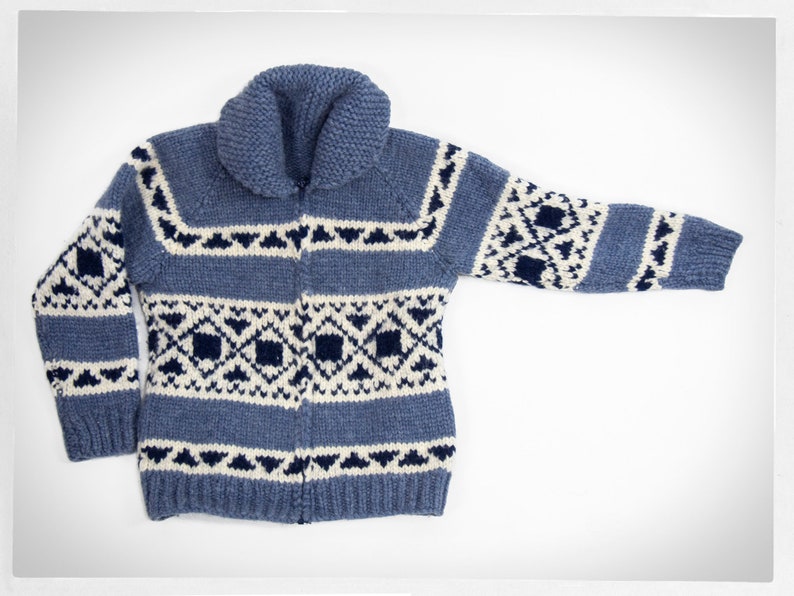 Hand Knit Wool Sweater, Cowichan Sweater, Street Fashion, Blue Wool Cardigan, Boho Fashion, Salish Wool Jumper, Hand Knit Cowichan Cardigan bild 1