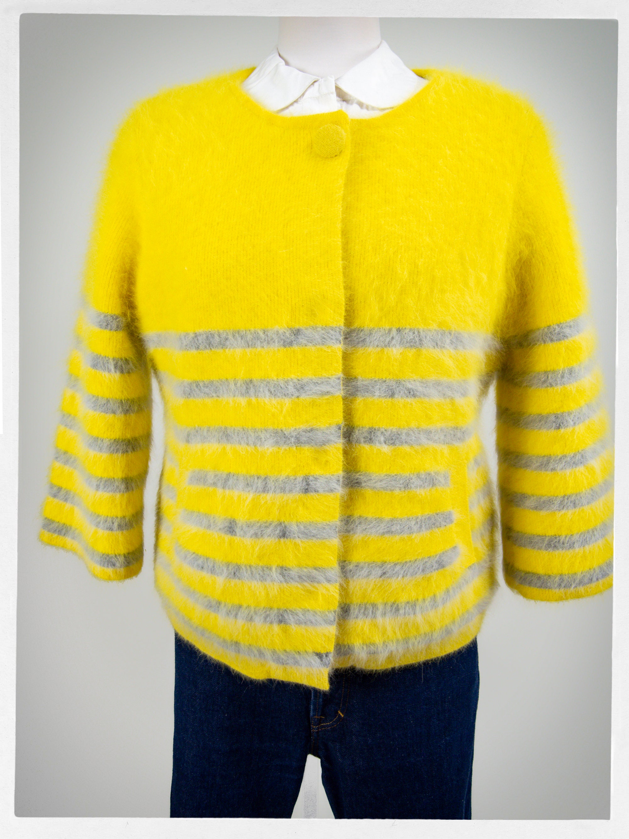 Retro Angora Sweater Yellow Angora Cardigan Vintage Fashion