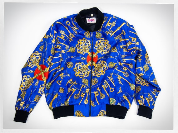 Pizazz Satin Bomber Jacket — 80s Baroque Key Print, Made in Korea
