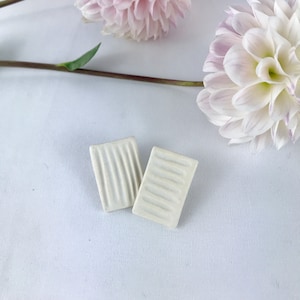 Matte White Etched Porcelain Ceramic Rectangle Stud Earrings, Geometric, Minimal