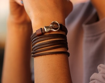 multi wrap brown leather bracelet for women