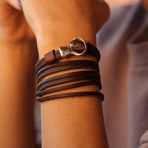 multi wrap brown leather bracelet for women