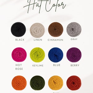 Op de afbeelding: Een kleurenkaart voor garen, met twaalf bollen garen in verschillende kleuren. De kleuren zijn zwart, linnen, kaneel, grijs, hot rose, key lime, blauw, bes, verbrande pompoen, donker olijfgroen, zongoud en terracotta. De tekst "Hat Color" staat bovenaan.