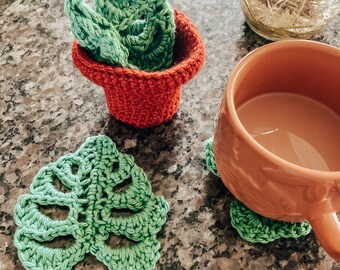 Monstera crochet coaster, monstera coaster, monstera coaster crochet, monstera crochet, Crochet monstera coaster with pot, crochet plant