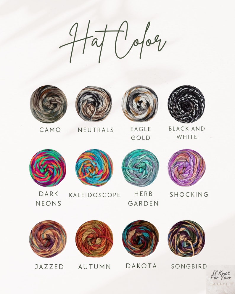 Op de afbeelding: Afbeelding met een kleurenkaart voor garen, getiteld "Hat Color". De kaart toont twaalf bollen garen in verschillende kleuren, waaronder Camo, Neutrals, Eagle Gold, Black and White, Dark Neons, Kaleidoscope, Herb Garden, Shocking, Jazzed, Autumn, Dakota en Songbird.