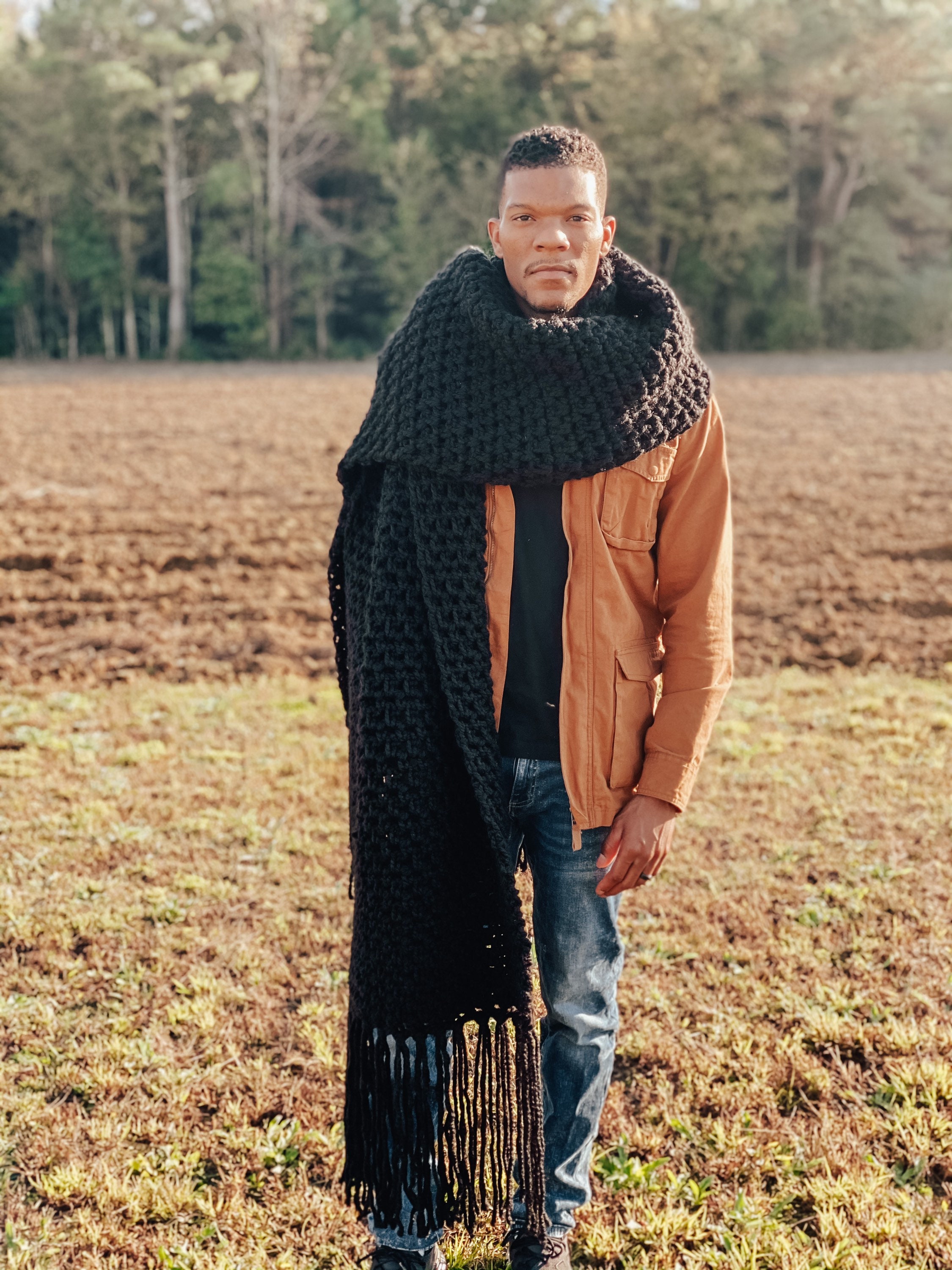 Monogram Blanket Shawl - Oversized Square Black Scarf