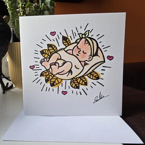 Carte de voeux pour bébé fille de style néo traditionnel dessinée à la main - baptême - nouveau-né - félicitations - anniversaire - baby shower