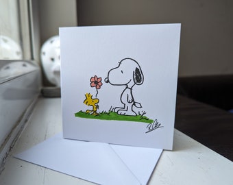 Handgezeichnete Snoopy und Woodstock Karte - Geburtstag - Handgemacht - Süß - Hochzeit - Verlobung - Muttertag - Jubiläum - Valentinstag