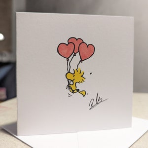 Tarjeta con globos de corazón inspirados en Woodstock dibujada a mano: cumpleaños, Snoopy, boda, compromiso, día de la madre, aniversario y San Valentín