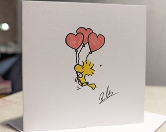 Hand drawn Woodstock Heart Balloons card - Birthday - Handmade - Snoopy - Wedding - Engagement - Mother's Day - Anniversary - Valentine's