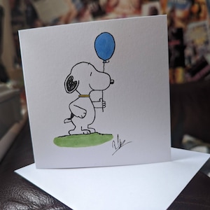 Carte d'anniversaire inspirée de Snoopy dessinée à la main - Célébration - Fait main - Ballon - Merci - Félicitations