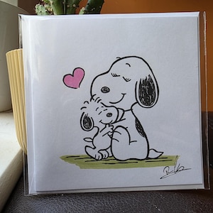 Handgetekende Snoopy-geïnspireerde kaart - verjaardag - bruiloft - verloving - Moederdag - Valentijnsdag - bedankt - Vaderdag