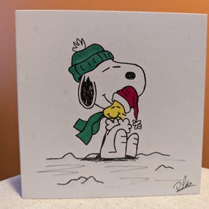 Biglietto di auguri natalizio disegnato a mano ispirato a Snoopy e Woodstock - Natale - fatto a mano - Marito - Moglie - Fidanzato - Fidanzata - Amico