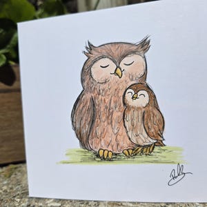 Cartão de coruja e corujinha desenhado à mão - Aniversário - Padrasto - Dia dos Pais - Papai - Tio - Avô
