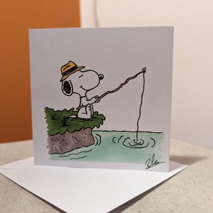Cartão de pesca inspirado no Snoopy desenhado à mão - Aniversário - Dia dos Pais - Obrigado - Dia das Mães