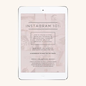 Peut inclure: Une tablette blanche affiche le titre "INSTAGRAM 101" avec du texte sur le choix d'une niche, la croissance des followers et la monétisation. Il comprend des conseils sur les algorithmes et l'édition, et est un cahier d'exercices.