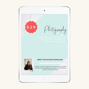 May include: A digital tablet displays a graphic with the title "Photography" and the text "5 Photography Tricks to Taking Product Photos That Sell." A red price tag reads "$29." An author's photo and bio are also included.