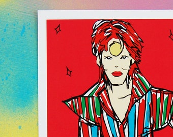 Ziggy Stardust Print, David Bowie Print In Stripy Jumpsuit, Cute Vintage Pop Star Print A4 Size, Pop Icon Wall Art, Pop Art Style, Starman