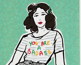 You Are A Badass Print, Badass Lady Print, Pop Art Vintage Style Lady With Red Lips, You Are A Badass Text, Green Flower Pattern Background