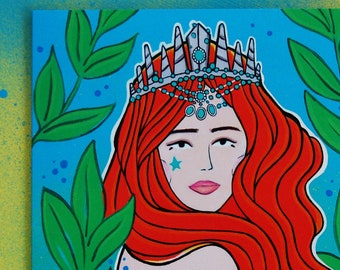 Mermaid Card, Beautiful Siren Greetings Card, Mermaid With Red Orange Hair, Crown, Seaweed and Bubbles, Fantasy Style Card, Mermaid Art