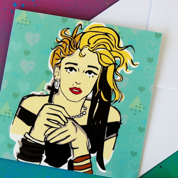 Madonna Card, Pop Icon Madonna 1980s Style Card, 80s Hair, Cross Earring, Pink Lips and Bangles, 1980s Pop Star, Pop Icon Card, 80s Music