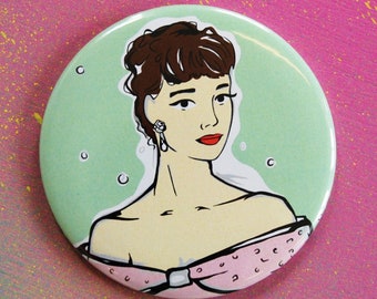 Audrey Hepburn Pocket Mirror, Round 75mm Mirror Featuring Audrey Hepburn in Pink Dress, Red Lips, Original Art, Ideal Gift, Makeup Mirror