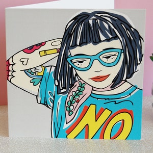 Tough Punk Girl With Tattoos Greetings Card, Geeky Girl Card With Blue Specs, Strong Girl Illustration, Attitude Card, Empowered Woman image 2