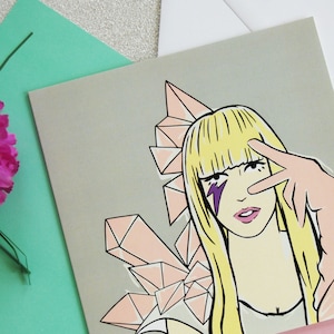 Lady Gaga Card, Lady Gaga Greetings Card With Lightening Bolt Pink Lips and Pink Glove, Pop Star Portrait, Lady Gaga Art, Poker Face