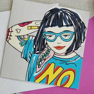 Tough Punk Girl With Tattoos Greetings Card, Geeky Girl Card With Blue Specs, Strong Girl Illustration, Attitude Card, Empowered Woman image 3