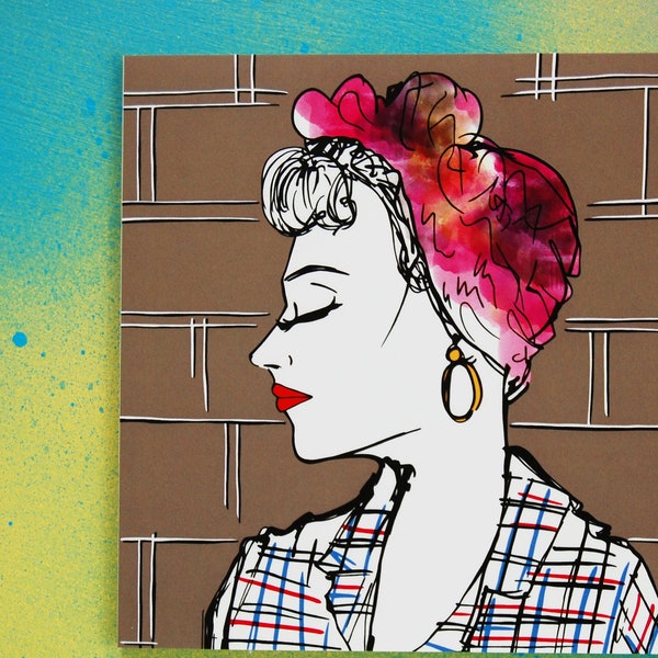Rockabilly Girl Greetings Card, Red Lips and Pink Hair Wrap, 1940s Style With Check Shirt, Fierce Girl Card, Empowered Women, Strong