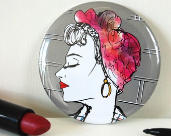 Pocket Mirror Rockabilly Girl, 1940s Style Red Lips Girl With Earring, Rocker Girl, 75mm Round Mirror, Tough Girl, Strong Woman Illustration