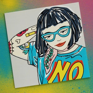 Tough Punk Girl With Tattoos Greetings Card, Geeky Girl Card With Blue Specs, Strong Girl Illustration, Attitude Card, Empowered Woman image 1