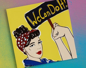 Rosie The Riveter Style Card, Strong Woman Card We Can Do It, Rockabilly Girl With Red Lips, Vintage 1940s Girl Greetings Card, Strong Girl