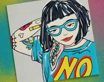 Tough Punk Girl With Tattoos Greetings Card, Geeky Girl Card With Blue Specs, Strong Girl Illustration, Attitude Card, Empowered Woman