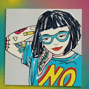 Tough Punk Girl With Tattoos Greetings Card, Geeky Girl Card With Blue Specs, Strong Girl Illustration, Attitude Card, Empowered Woman image 7