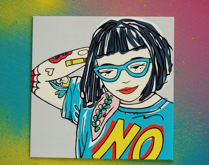 Tough Punk Girl With Tattoos Greetings Card, Geeky Girl Card With Blue Specs, Strong Girl Illustration, Attitude Card, Empowered Woman image 7