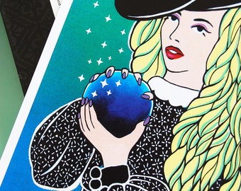 Witch With Crystal Ball Print, Fortune Teller Witch With Crystal Ball, Green and Blue Witch Print, Big Witches Hat, Magical Witch, Wicca